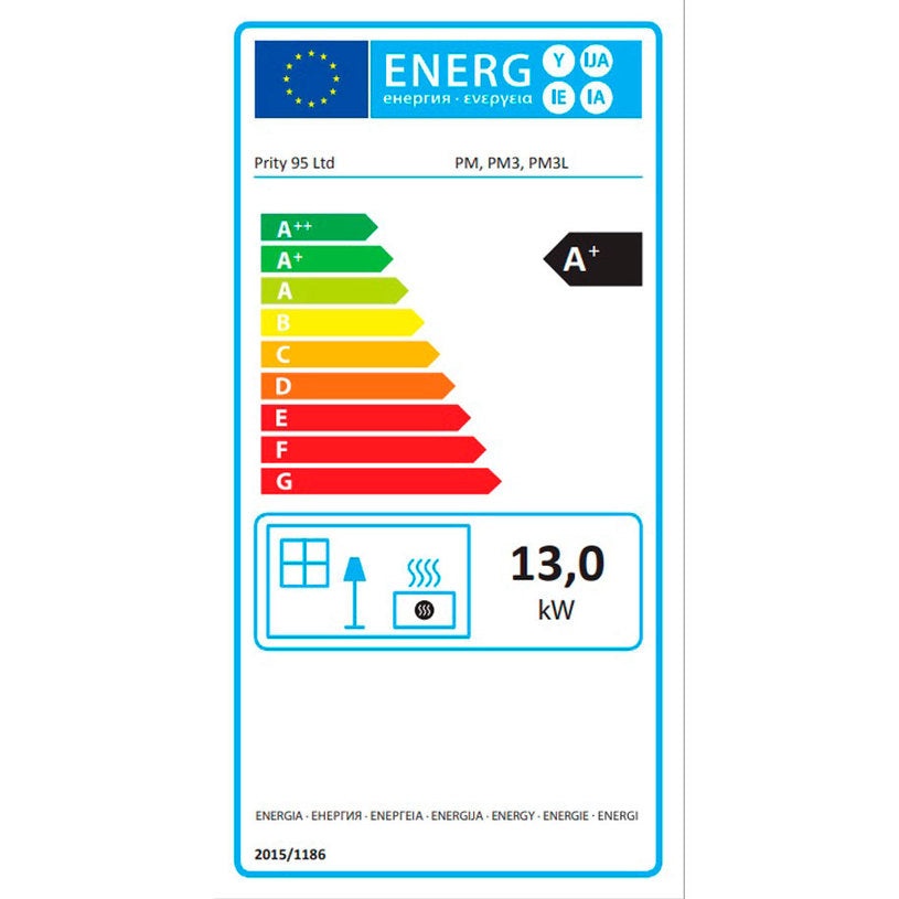 Energy efficiency label for Kaminofen Prity PM3-TV showing A+ class and 13.0 kW heat Leistung
