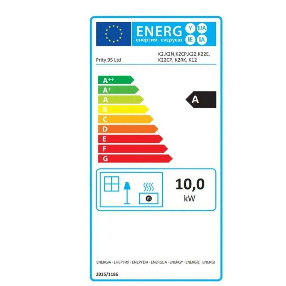 Kaminofen Prity K12 10kW energy efficient stove with detailed specifications and emissions data
