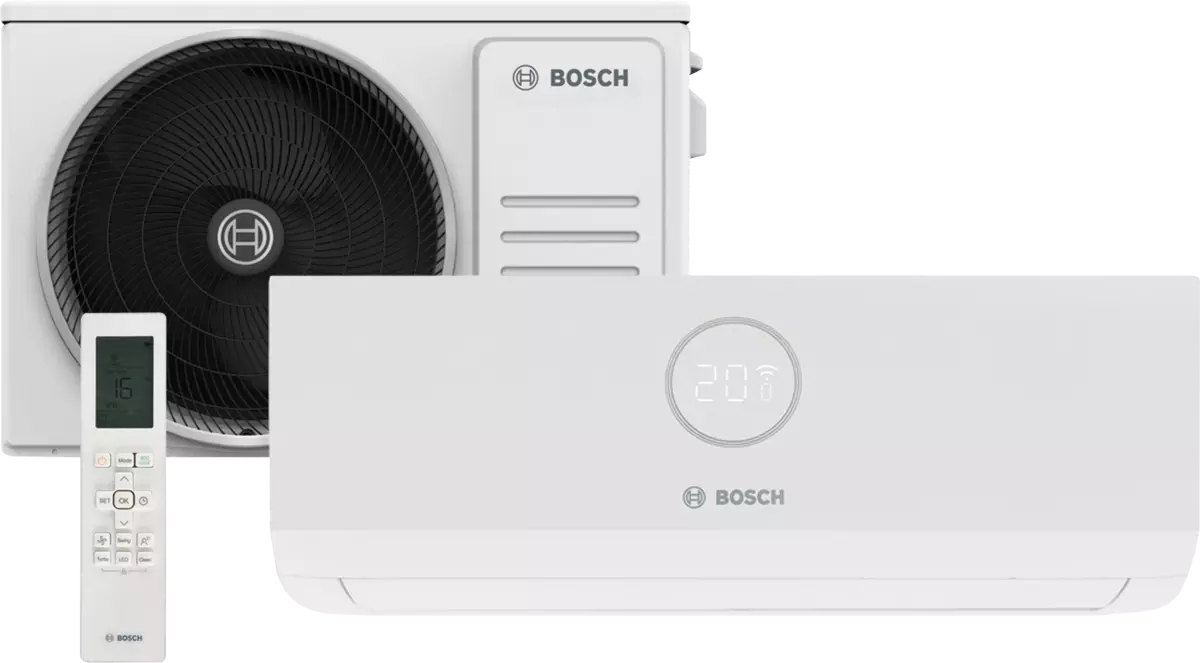 Bosch Climate 3000i air conditioner with indoor unit, outdoor unit, remote control, 9000 BTU cooling capacity, energy-efficient reversible split system.