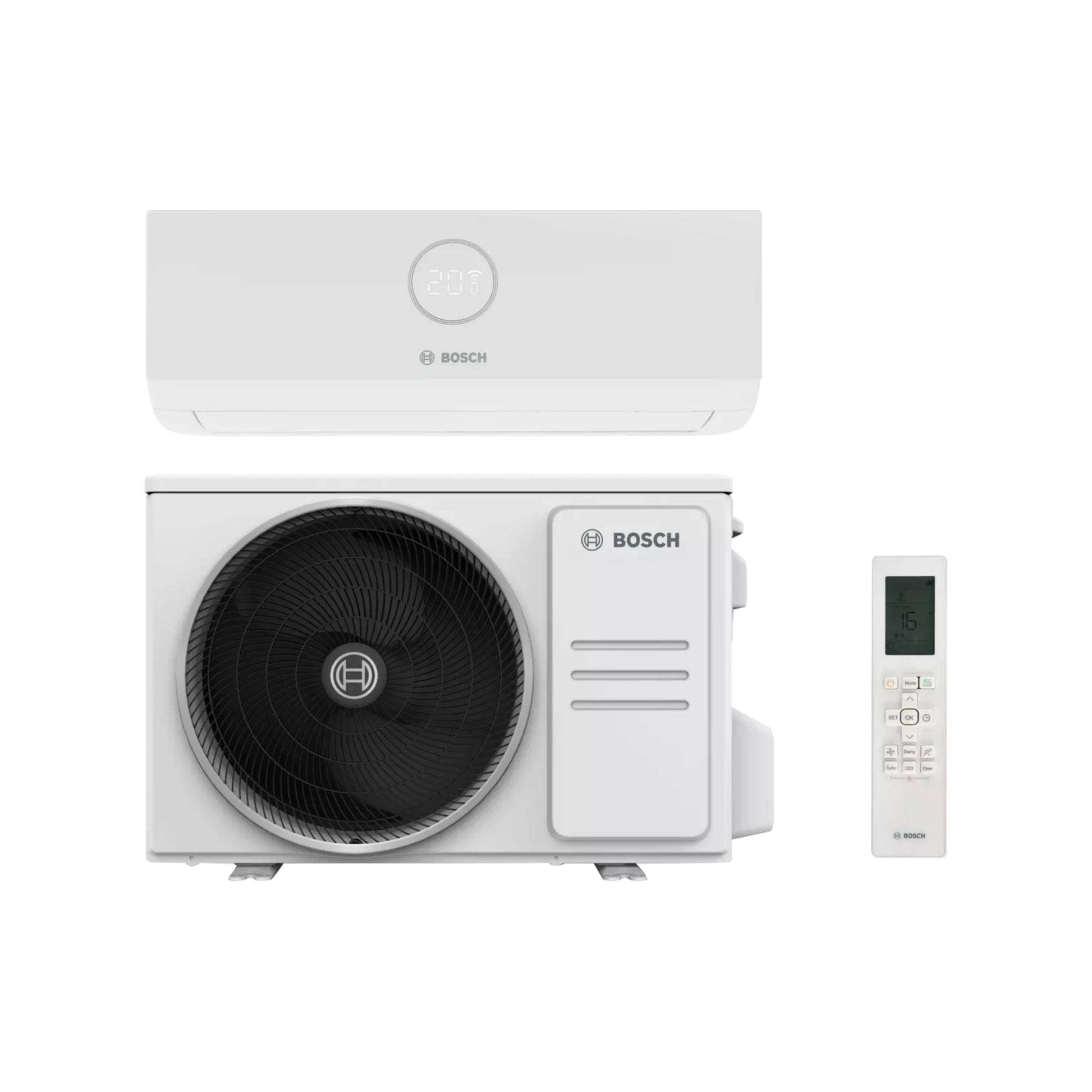 Bosch Climate 3000i reversible air conditioner set with indoor unit, outdoor unit, remote control, 9000 BTU, energy efficient, WiFi control.