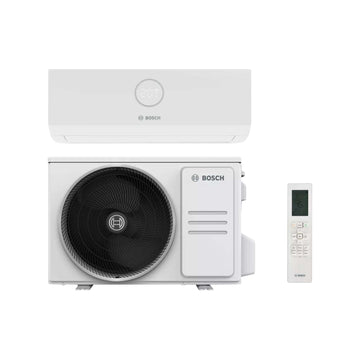 Bosch Climate 3000i reversible air conditioner set with indoor unit, outdoor unit, remote control, 9000 BTU, energy efficient, WiFi control.