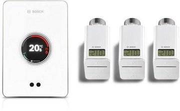 Bosch EasyControl smart wireless Wi-Fi controller with three thermostats in white for room-by-room temperature control and energy saving.
