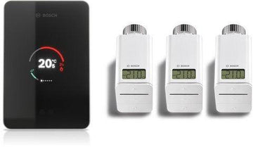 Bosch EasyControl CT 200 smart heating controller with three wireless radiator thermostats and adapter for energy-efficient zonal temperature control.