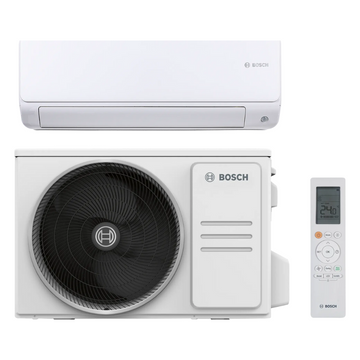 Bosch Climate 6000i inverter air conditioner with indoor and outdoor units and remote control, energy-efficient A+++ cooling, multi-layer air filtration, humidity control, and smart connectivity.