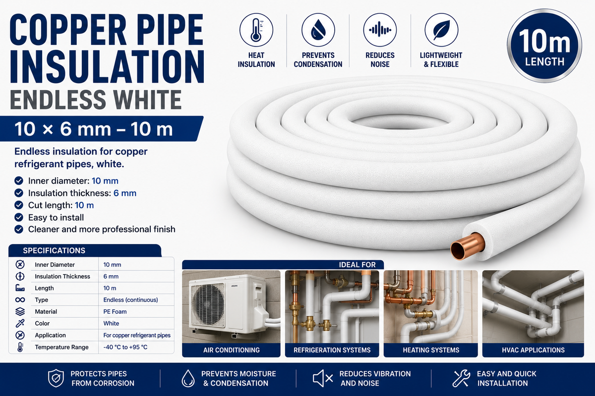 Copper Pipe Insulation Endless White 10×6 mm – 10 m