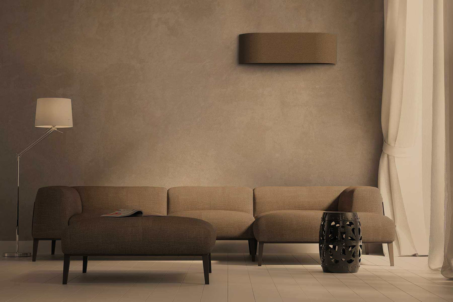 Additional bluish dark brown decorative panel for Toshiba Haori RB-I4105-E air conditioner in a modern living room setting