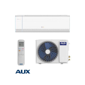 AUX inverter air conditioner 12,000 BTU with indoor unit, outdoor unit, and remote control in white.