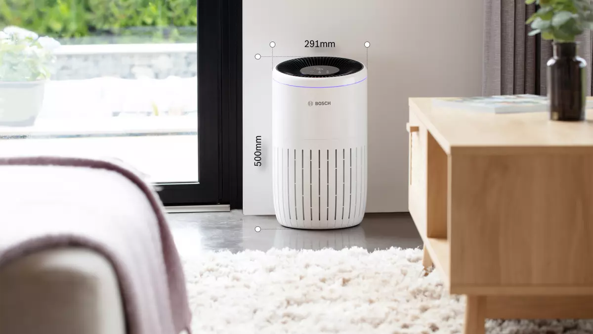 Bosch Air 4000 air purifier specifications table showing height 500mm, weight 4kg, sound level 49dB, and code 7733701943