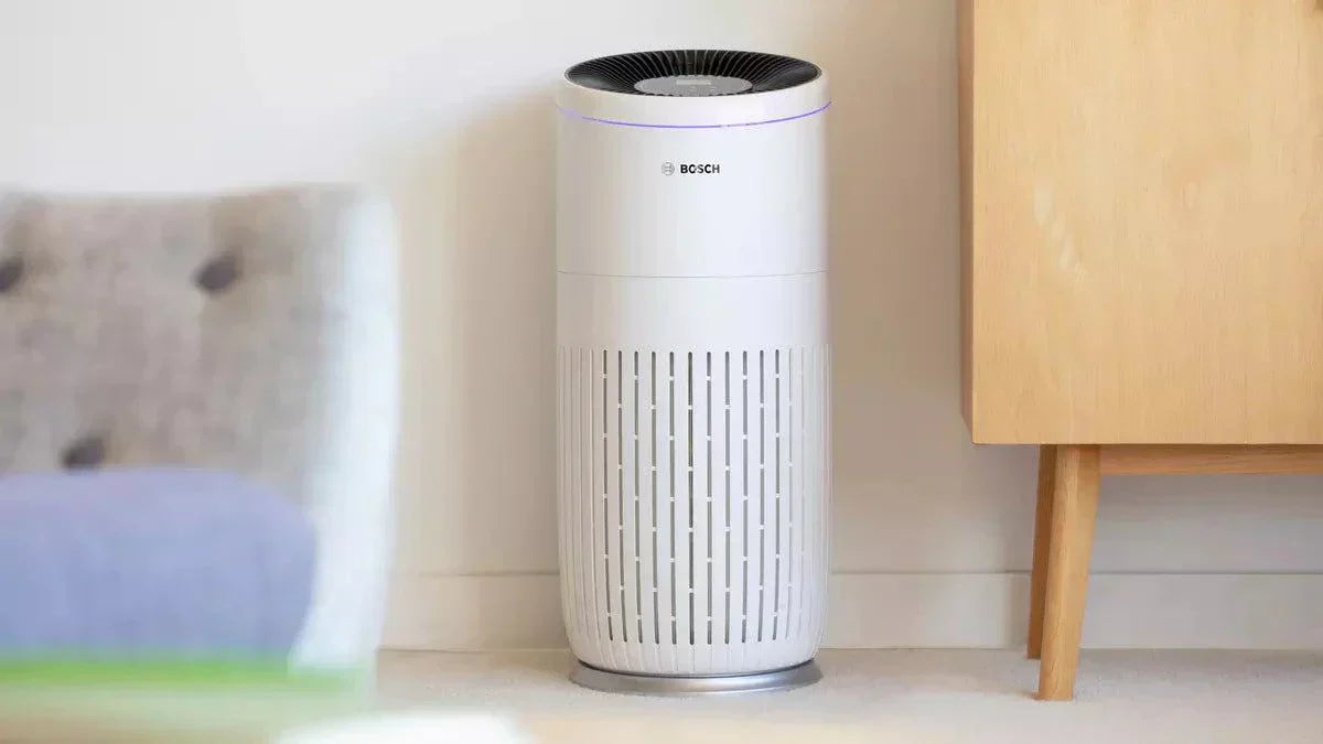 Bosch Air 6000 air purifier specifications table with height, weight, sound level, and code