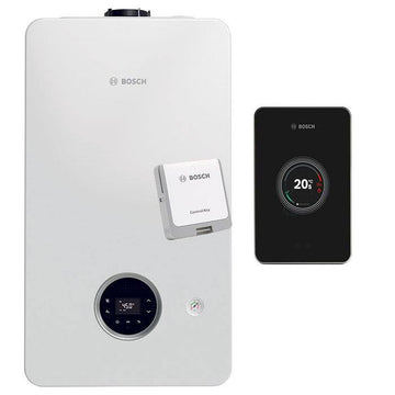 Bosch Condens 2300i W wall-mounted gas boiler with wireless smart controller and EasyControl RF key in black for efficient home heating and hot water.