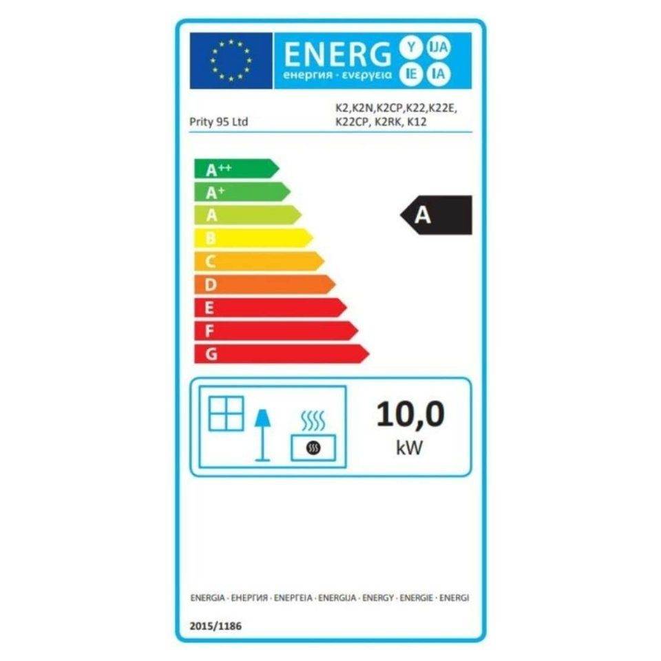Kaminofen Prity K2 CP with energy efficiency class A, 10.4 kW room heating Leistung, and detailed emission and dimension specifications.