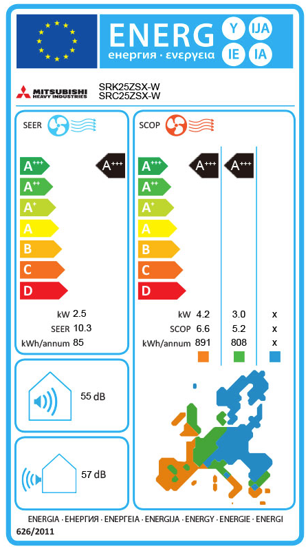 Mitsubishi Heavy Industries SRK25ZSX-WFB Klimaanlage – EU-Energielabel