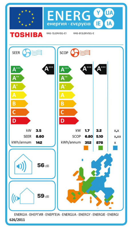Toshiba RAS-B13G3KVSG-E air conditioner – EU energy label