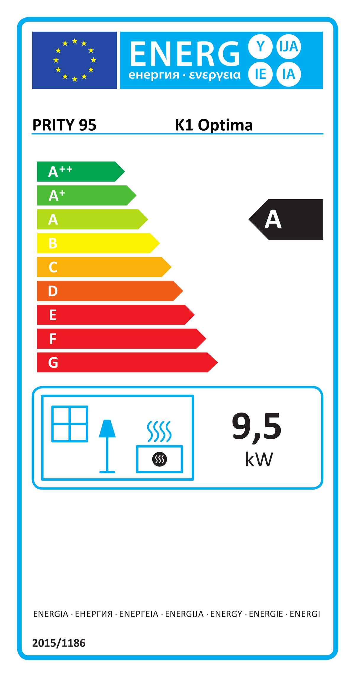 EU energy label Prity K1 Optima, class A, 9.5 kW direct heat output (EPREL 1250834)
