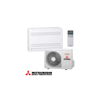 Mitsubishi Heavy Industries SRF25ZS-W inverter air conditioner with floor standing indoor unit, outdoor compressor, and remote control.