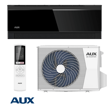 AUX Comfort Black 24,000 BTU inverter air conditioner with Wi-Fi remote control, sleek black indoor unit, and white outdoor DC inverter unit