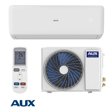 AUX Freedom ASW-H18E0A4/FAR3DI-C0 inverter air conditioner with 18000 BTU, energy-efficient A++/A+ rating, vitamin C and charcoal filters, self-cleaning, compact design, and remote control.