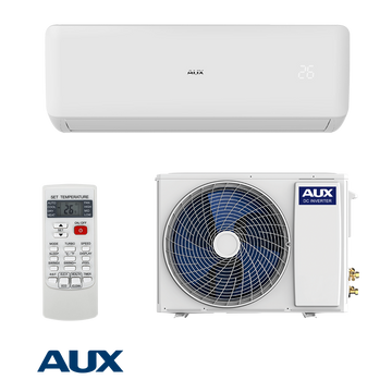 AUX Freedom ECO inverter air conditioner 12000 BTU with Wi-Fi, self-cleaning, compact outdoor unit, remote control, and energy-efficient A++/A+ rating.