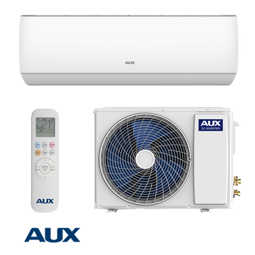 AUX J-Smart ASW-H12C5C4/JOR3DI-B8 inverter air conditioner with 12,000 BTU, Wi-Fi control, PM2.5 sterilization, designed for rooms up to 23m², includes indoor unit, outdoor unit, and remote control.