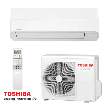 Toshiba Essento RAS-B16B2KV2G-E inverter air conditioner set with indoor unit, outdoor compressor unit, and remote control for rooms up to 32m², 16,000 BTU, energy class A++/A+ and quiet operation.