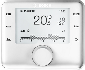 Bosch CW400 outdoor temperature controller with large display and touch buttons showing current indoor temperature and heating schedule graph.