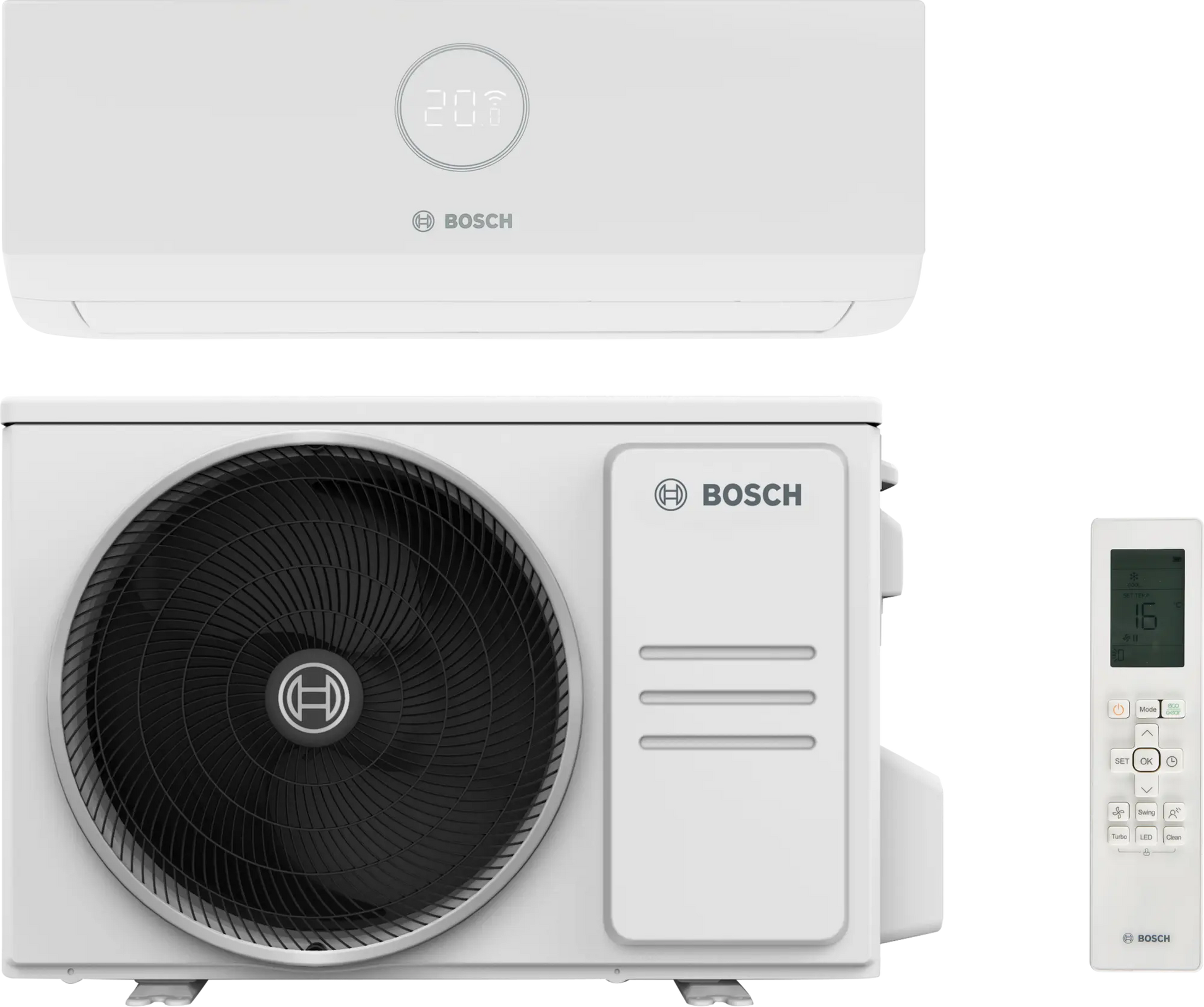Bosch Climate 3000i 3.5 kW indoor air conditioner unit with remote control and energy-efficient cooling and heating features.
