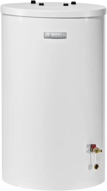 Bosch WST 120-5O standing indirect water heater with 120-liter capacity, top connections, and dual heat exchanger coils for boiler and solar heating.