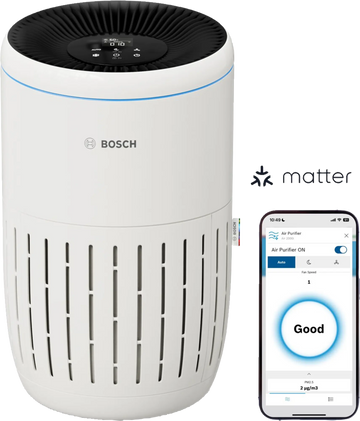 Bosch Air 2000i compact air purifier with 3-layer filtration and app control showing air quality "Good" on smartphone.