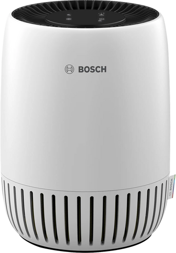 Bosch Air 500 air purifier with HEPA filter for rooms up to 455 sq ft, removes dust, allergens, and VOCs, with manual settings and quiet sleep mode.