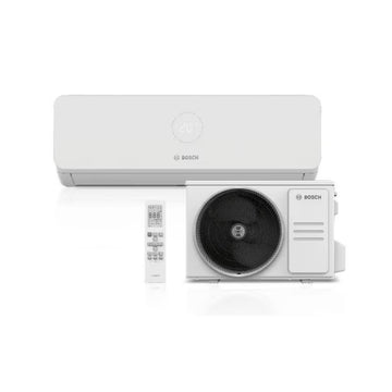 Bosch Climate 3200i inverter air conditioner with remote, outdoor unit, energy efficient A++ cooling, A+ heating, 3D swing, ionizer, WiFi control, and corrosion protection in matte white design