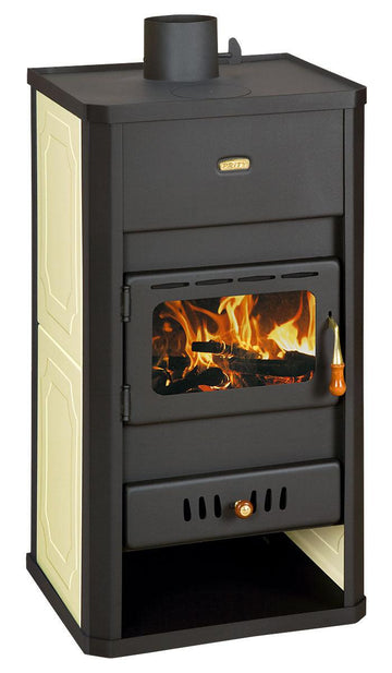 Fireplace PRITY S3 W13 wood-burning stove with water jacket, 13 kW heat output, energy class A, 80% efficiency, and glass door showing flames