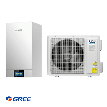 GREE VERSATI III split air-to-water heat pump with indoor and outdoor units for heating, cooling, and domestic hot water.