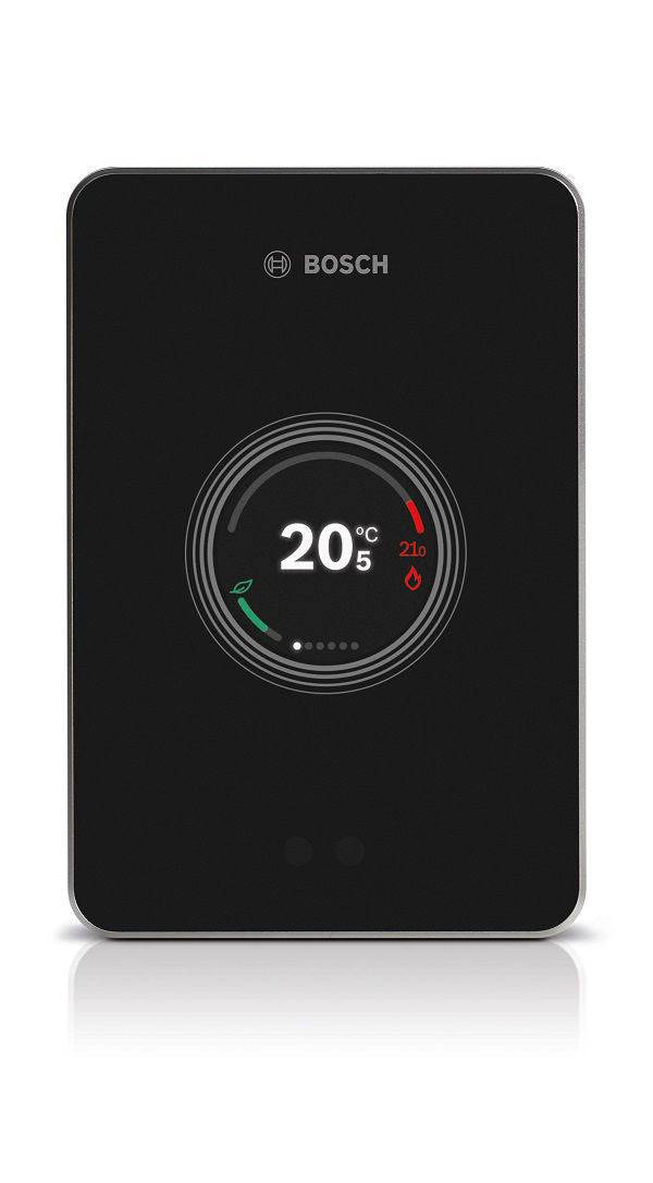 Bosch EasyControl Smart Thermostat black with glass touchscreen and circular temperature display at 20°C