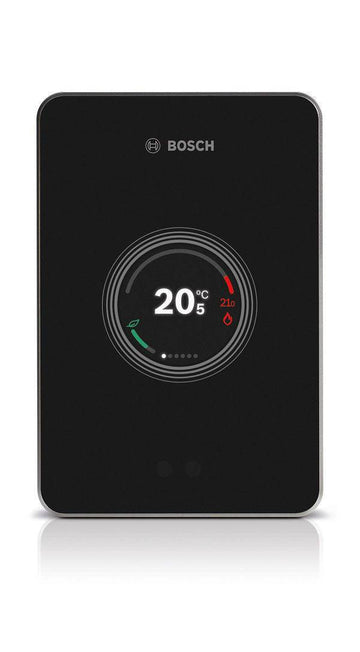 Bosch EasyControl Smart Thermostat black with glass touchscreen and circular temperature display at 20°C