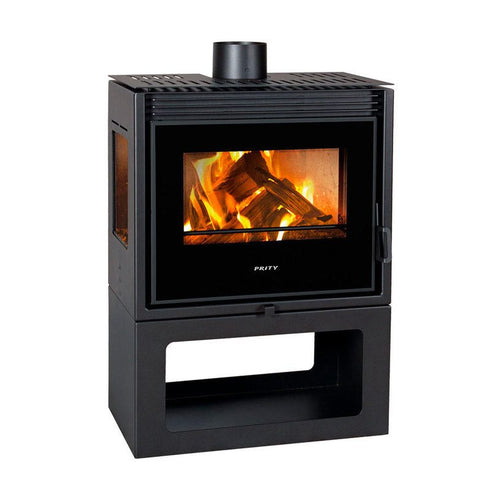 Black Kaminofen Prity PM3-TV with glass front, 13 kW heat Leistung, A+ energy efficiency, and 150 mm flue diameter burning dry wood