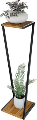 LEVIRA - Celtis Flower Stand with walnut melamine top, black steel legs, and rubber supports holding decorative plants