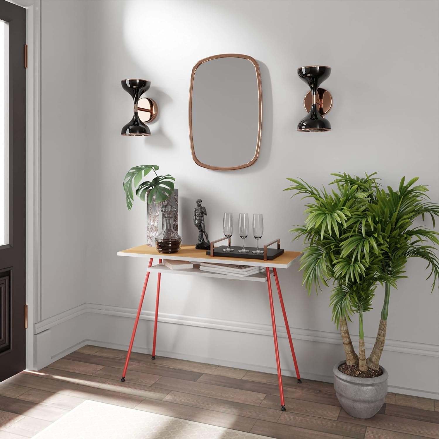 Compact red and chocolate cherry office desk with slim design, steel legs, decorative items, and indoor plants in a modern room