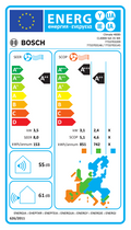Energy label for Bosch Climate 4000i inverter air conditioner showing A++ efficiency, 55 dB indoor noise, 61 dB outdoor noise, and SEER 8.0 SCOP 4.6 ratings.