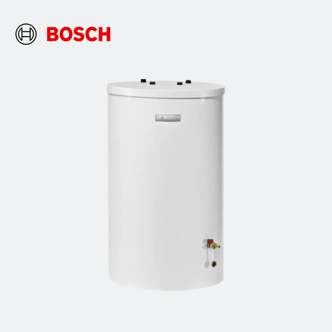 Bosch 120 L indirect water heater, white cylindrical floor-standing model with top-mounted hydraulic connections and Bosch logo