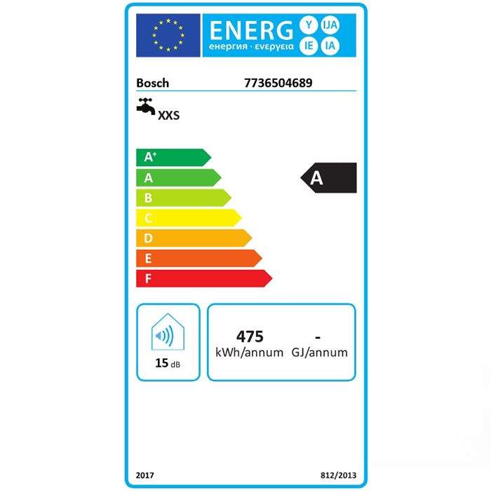 Energy label for BOSCH TR4000 4 ET flow-through water heater, energy class A, 475 kWh annual consumption, 15 dB noise level.
