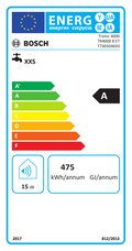Bosch Tronic 4000 ET electric instantaneous water heater energy efficiency label with A rating and 15 dB noise level