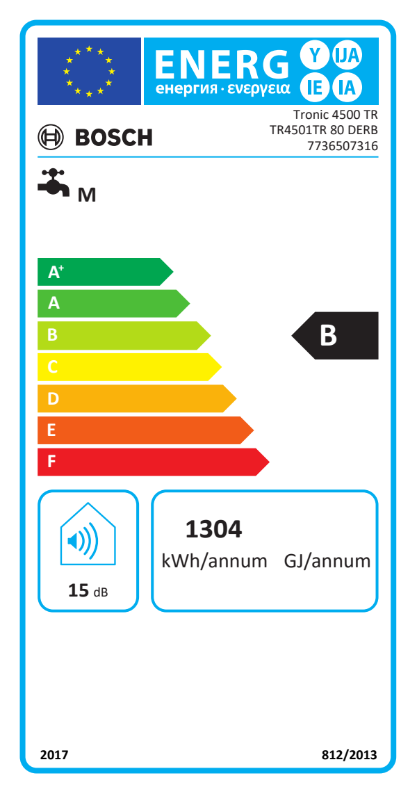 Bosch Tronic 4500 T TR4501TR 80 DERB electric storage water heater energy label showing class B efficiency and 15 dB noise level