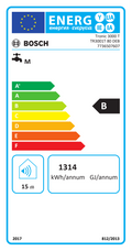 Energy label for Bosch Tronic 3001 T TR3001T 80 DEB wall-mounted water heater showing energy efficiency class B and annual consumption of 1314 kWh.