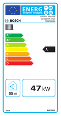 Energy efficiency label for Bosch Condens 7000 WP condensing boiler showing 47 kW output, A rating, and 55 dB noise level.