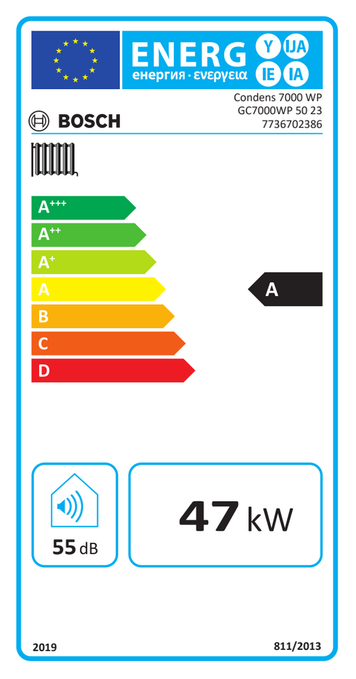 Energy efficiency label for Bosch Condens 7000 WP condensing boiler showing 47 kW output, A rating, and 55 dB noise level.