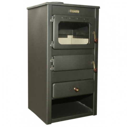 Black graphite wood-burning fireplace Kupro Lux cast iron with oven and glass door, 8.4 kW rated power