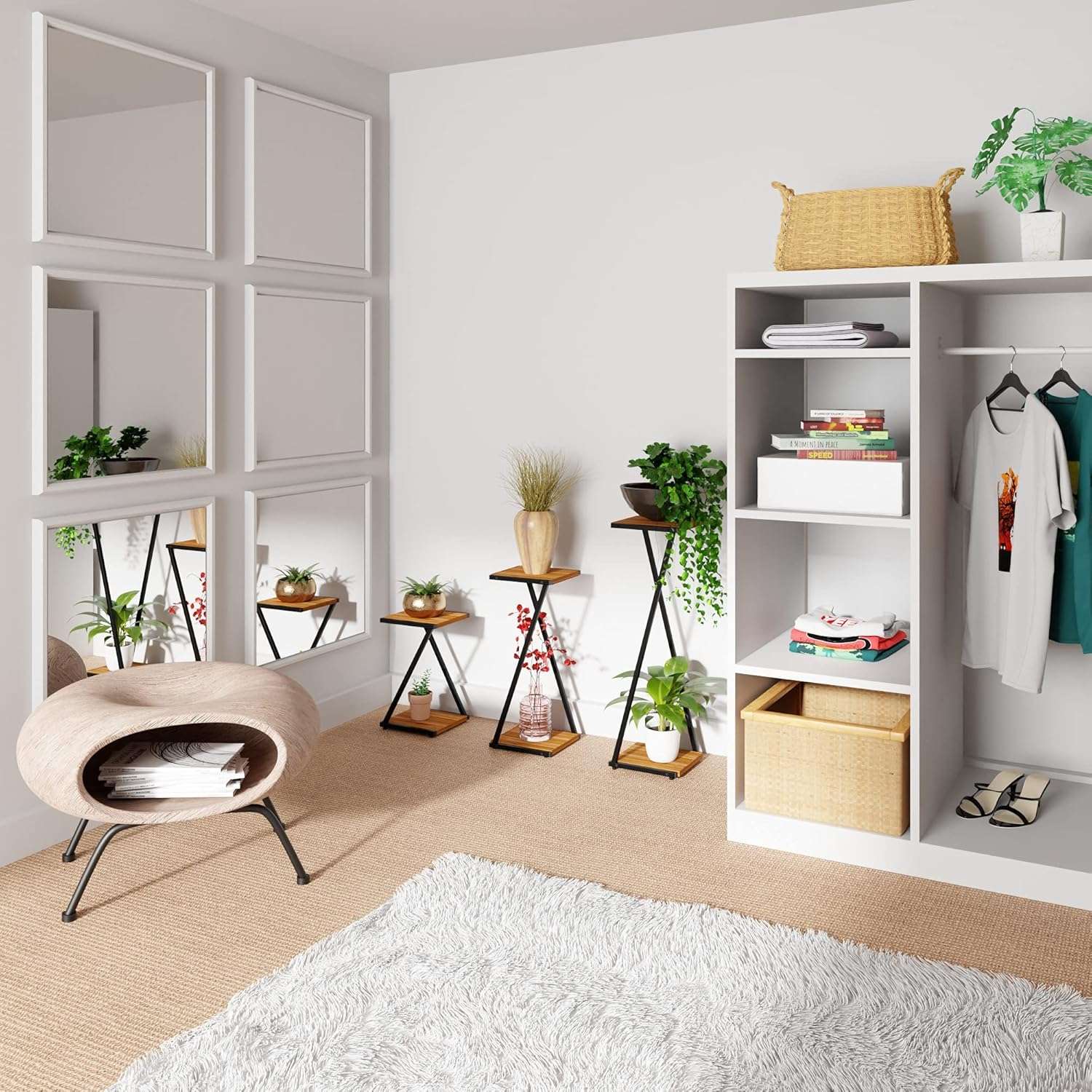 Modern interior room with LEVIRA - Celtis Flower Stand in walnut holding plants and decorations alongside shelving unit and unique chair