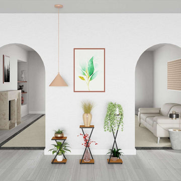 LEVIRA Celtis Flower Stand with walnut melamine top and steel legs holding decorative plants in modern living room