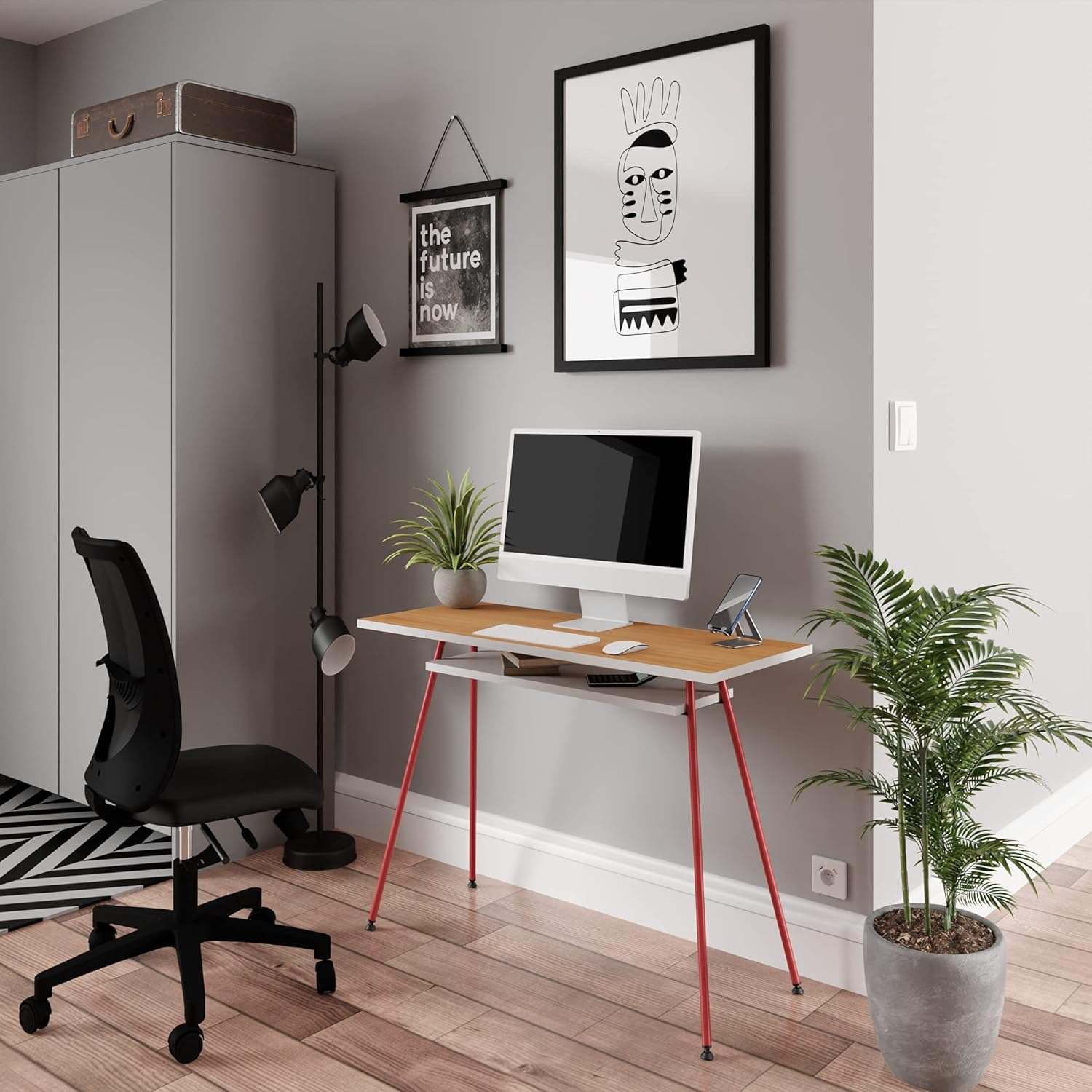 Compact red and chocolate cherry office desk with melamine top and slim steel legs in modern workspace setup