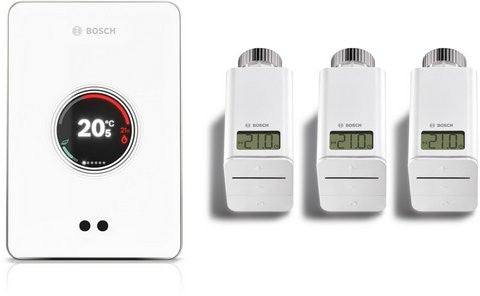 Bosch EasyControl smart wireless Wi-Fi controller with three thermostats in white for room-by-room temperature control and energy saving.